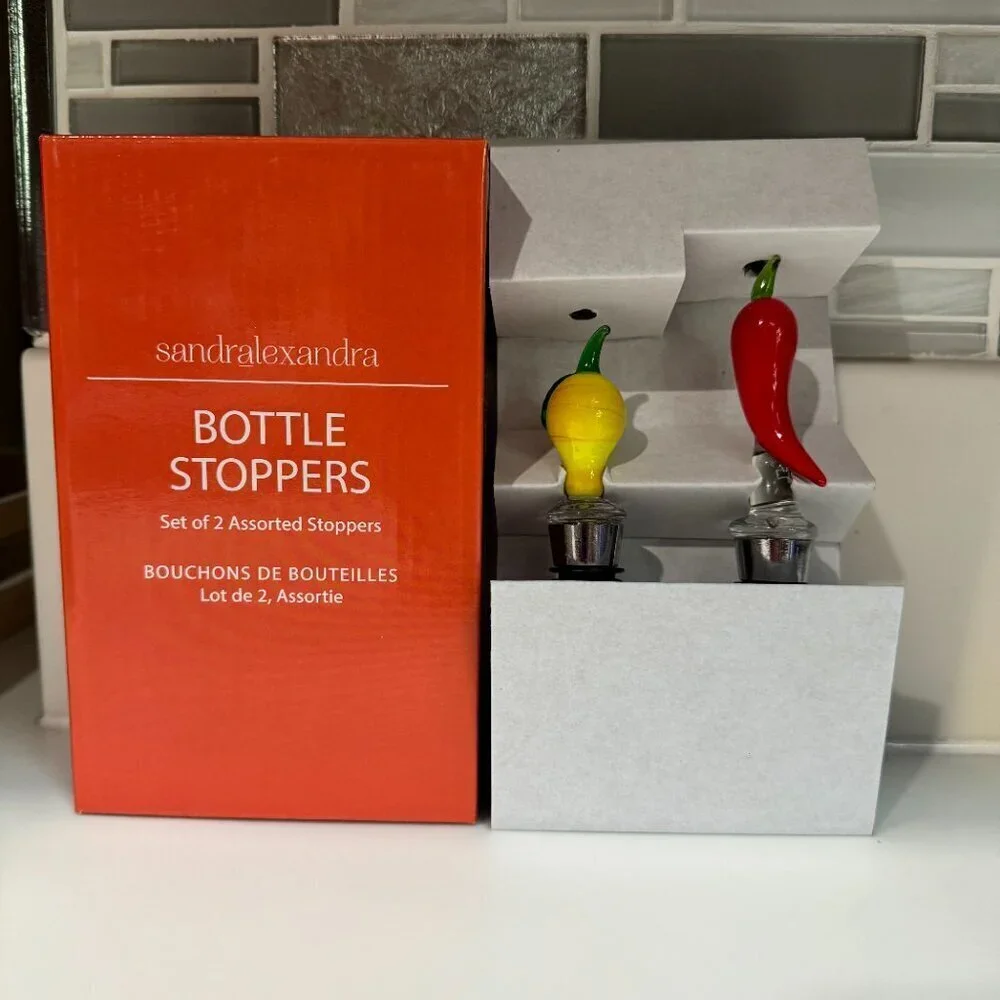 NEW IN BOX sandralexandra Bottle Stoppers Glassblown | Lemon & Chili | Set of 2